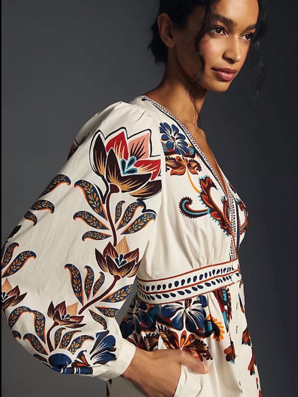 Anthropologie White Floral-Print V-Neck Tunic with Blue and Brown Accents